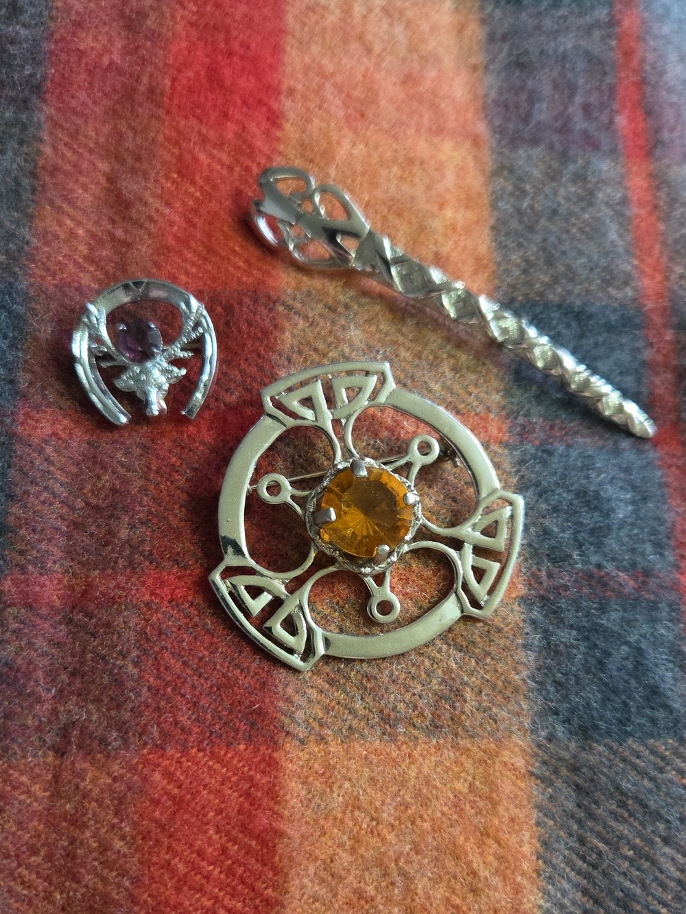 Vintage Scottish Celtic Silvertone Brooch Trio